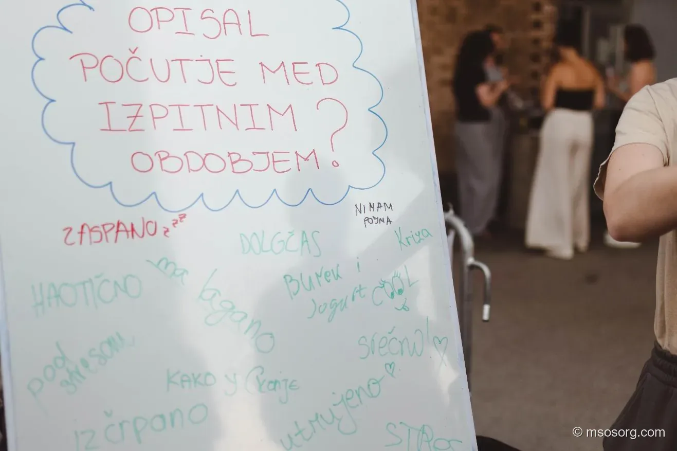 Bela tabla z ročno napisanimi odgovori študentov o njihovih občutkih med izpitnim obdobjem.
